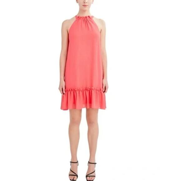 BCBG Paris Coral Chiffon Halter Dress XL Ruffle Hem Summer Cocktail - Picture 1 of 10